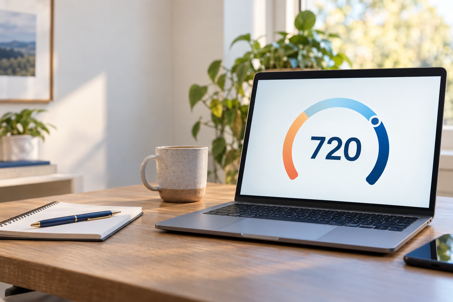 Illustrative score of 720 displayed on a laptop in a bright home setting